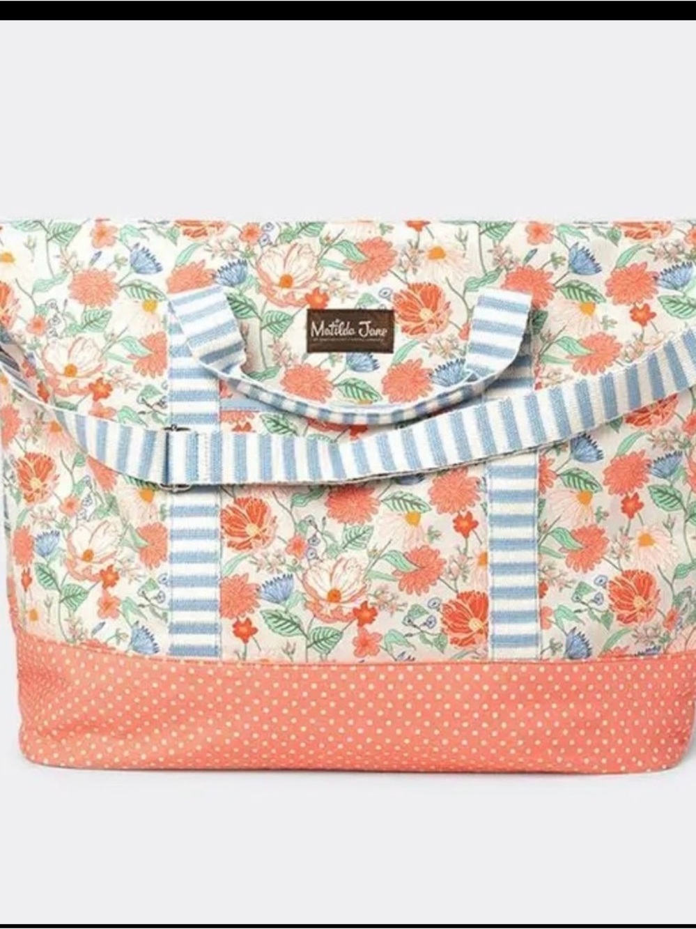 Matilda Jane Coral Floral XL Weekender Travel Tote with Blue-Striped Handles